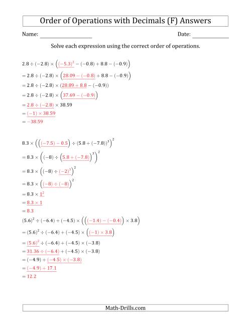 The Order of Operations with Negative and Positive Decimals (Six Steps) (F) Math Worksheet Page 2