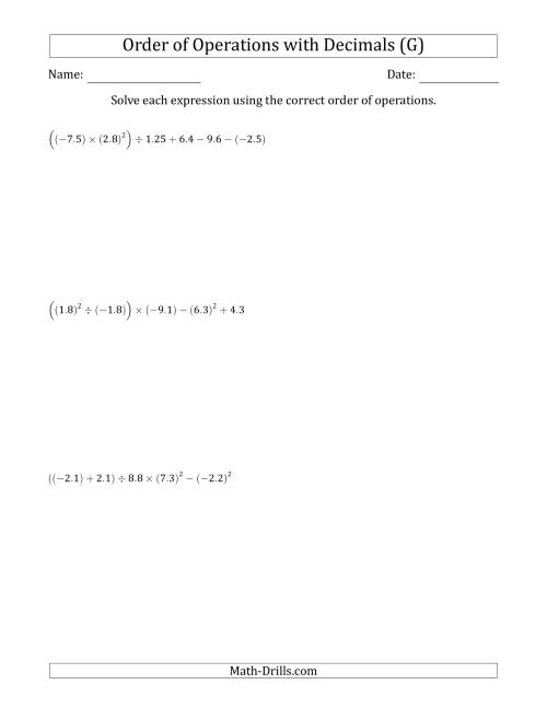 The Order of Operations with Negative and Positive Decimals (Six Steps) (G) Math Worksheet