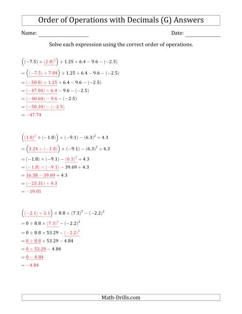 The Order of Operations with Negative and Positive Decimals (Six Steps) (G) Math Worksheet Page 2