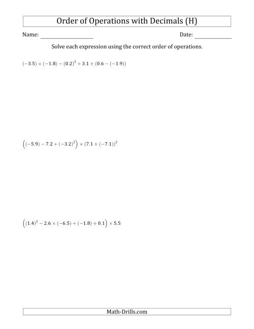 The Order of Operations with Negative and Positive Decimals (Six Steps) (H) Math Worksheet
