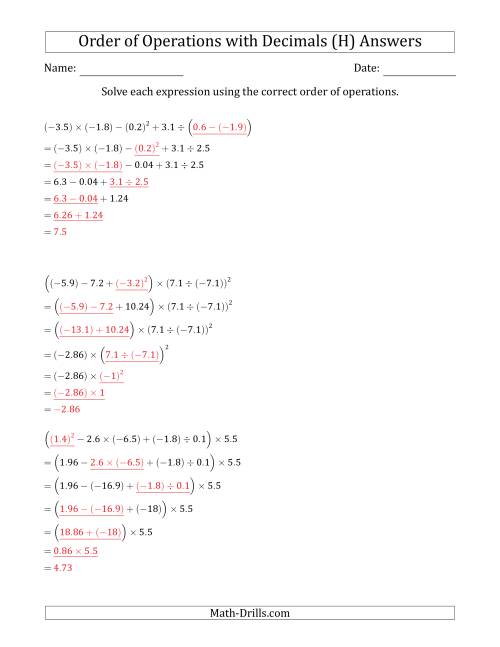 The Order of Operations with Negative and Positive Decimals (Six Steps) (H) Math Worksheet Page 2