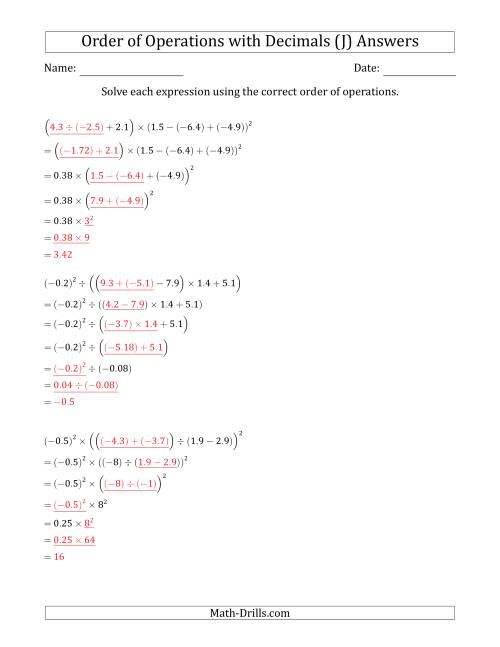 The Order of Operations with Negative and Positive Decimals (Six Steps) (J) Math Worksheet Page 2