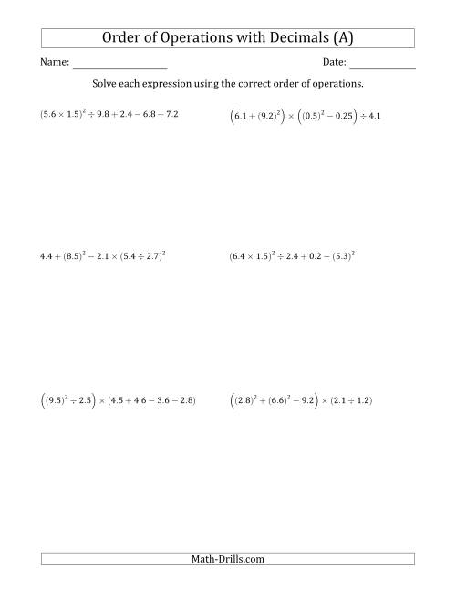 The Order of Operations with Positive Decimals (Six Steps) (A) Math Worksheet
