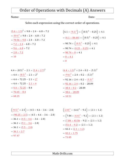The Order of Operations with Positive Decimals (Six Steps) (A) Math Worksheet Page 2