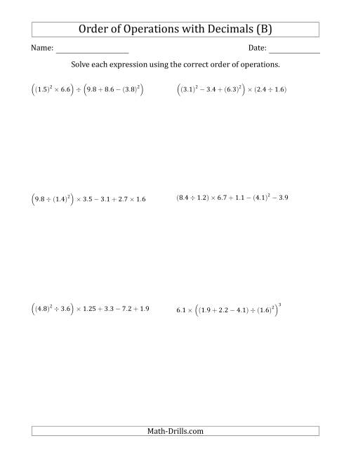 The Order of Operations with Positive Decimals (Six Steps) (B) Math Worksheet
