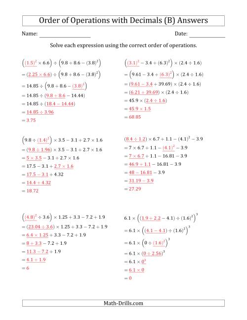 The Order of Operations with Positive Decimals (Six Steps) (B) Math Worksheet Page 2