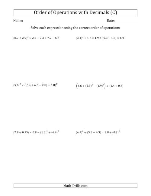 The Order of Operations with Positive Decimals (Six Steps) (C) Math Worksheet