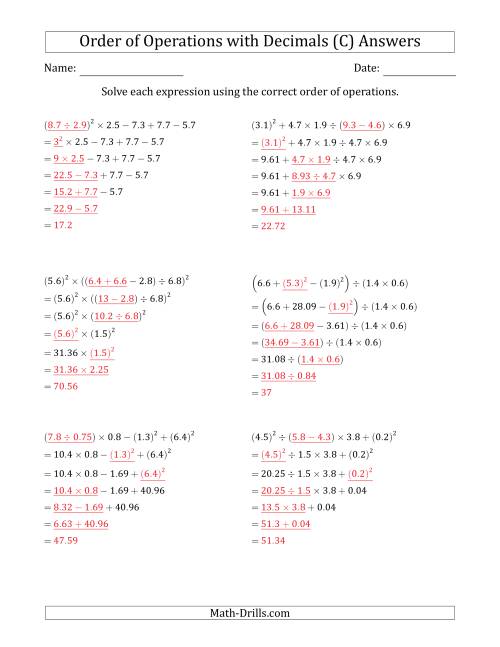 The Order of Operations with Positive Decimals (Six Steps) (C) Math Worksheet Page 2