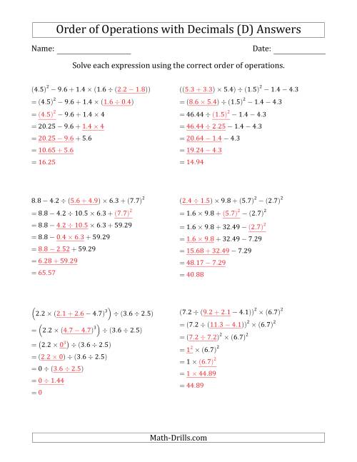 The Order of Operations with Positive Decimals (Six Steps) (D) Math Worksheet Page 2