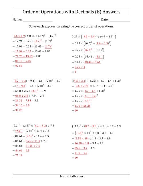 The Order of Operations with Positive Decimals (Six Steps) (E) Math Worksheet Page 2