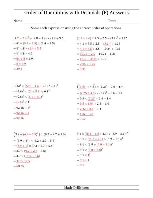 The Order of Operations with Positive Decimals (Six Steps) (F) Math Worksheet Page 2