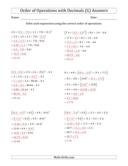 The Order of Operations with Positive Decimals (Six Steps) (G) Math Worksheet Page 2