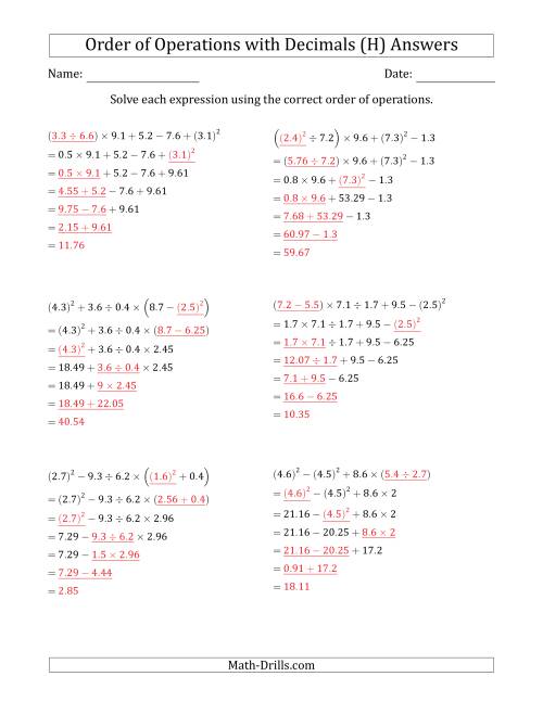 The Order of Operations with Positive Decimals (Six Steps) (H) Math Worksheet Page 2