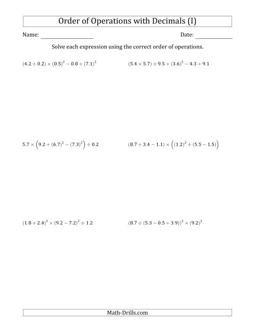 The Order of Operations with Positive Decimals (Six Steps) (I) Math Worksheet