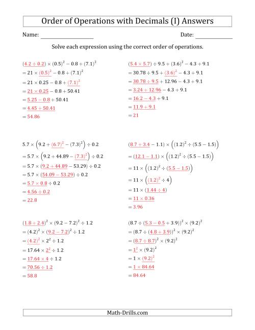 The Order of Operations with Positive Decimals (Six Steps) (I) Math Worksheet Page 2