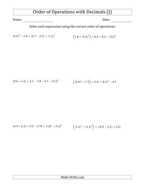 The Order of Operations with Positive Decimals (Six Steps) (J) Math Worksheet