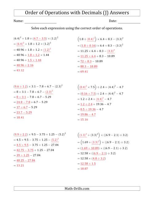 The Order of Operations with Positive Decimals (Six Steps) (J) Math Worksheet Page 2