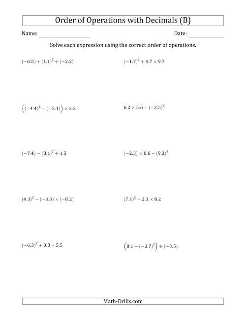 The Order of Operations with Negative and Positive Decimals (Three Steps) (B) Math Worksheet
