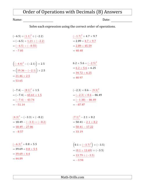 The Order of Operations with Negative and Positive Decimals (Three Steps) (B) Math Worksheet Page 2