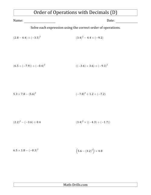 The Order of Operations with Negative and Positive Decimals (Three Steps) (D) Math Worksheet