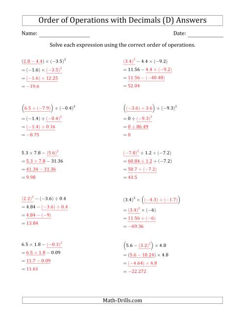 The Order of Operations with Negative and Positive Decimals (Three Steps) (D) Math Worksheet Page 2