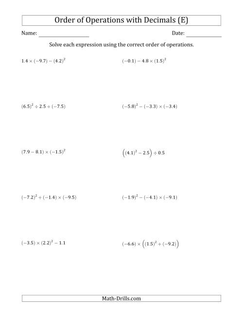 The Order of Operations with Negative and Positive Decimals (Three Steps) (E) Math Worksheet
