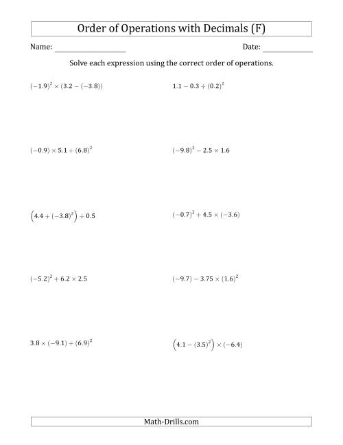 The Order of Operations with Negative and Positive Decimals (Three Steps) (F) Math Worksheet