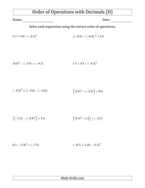 The Order of Operations with Negative and Positive Decimals (Three Steps) (H) Math Worksheet