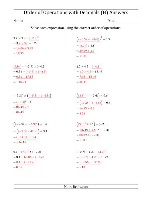 The Order of Operations with Negative and Positive Decimals (Three Steps) (H) Math Worksheet Page 2