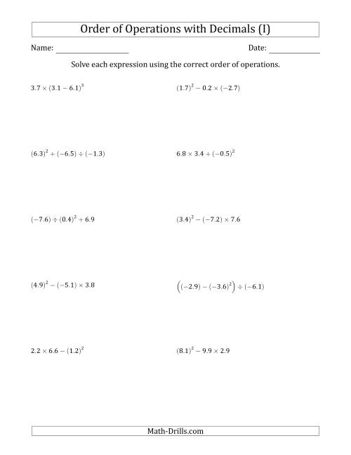 The Order of Operations with Negative and Positive Decimals (Three Steps) (I) Math Worksheet