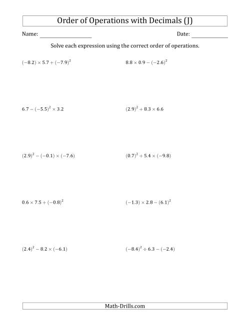 The Order of Operations with Negative and Positive Decimals (Three Steps) (J) Math Worksheet