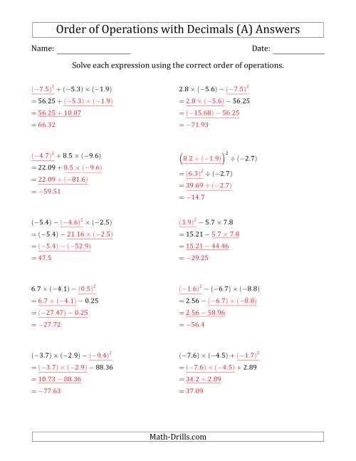 The Order of Operations with Negative and Positive Decimals (Three Steps) (All) Math Worksheet Page 2