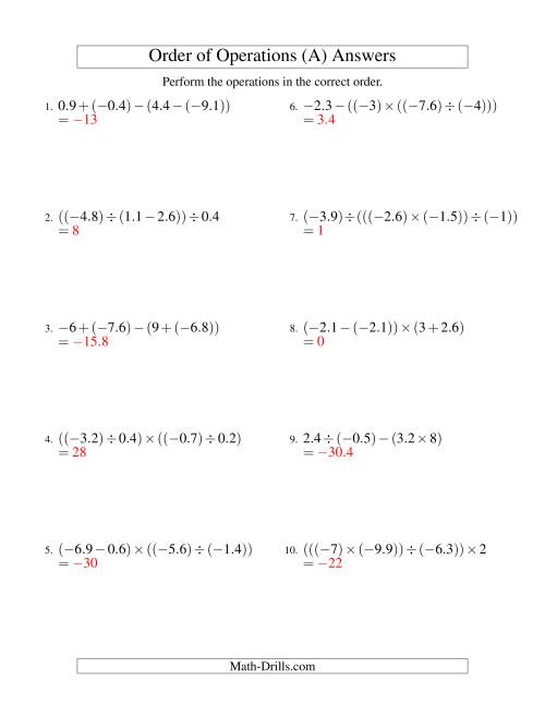 The Decimals Order of Operations -- Three Steps Including Negative Decimals (Old) Math Worksheet Page 2