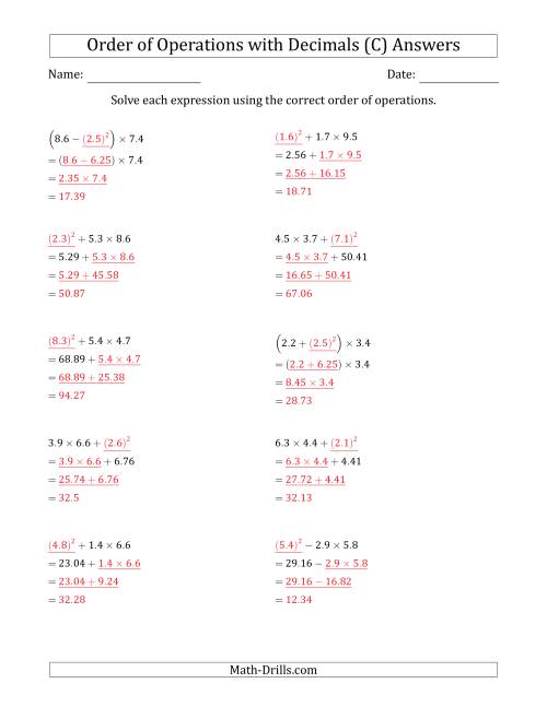 The Order of Operations with Positive Decimals (Three Steps) (C) Math Worksheet Page 2