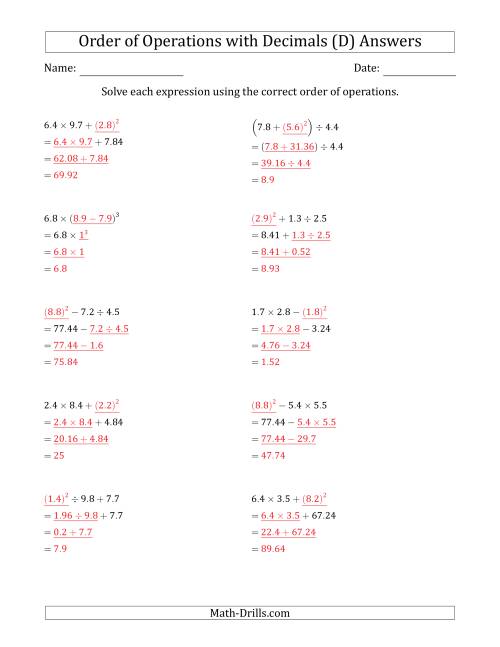 The Order of Operations with Positive Decimals (Three Steps) (D) Math Worksheet Page 2