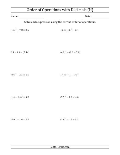 The Order of Operations with Positive Decimals (Three Steps) (H) Math Worksheet