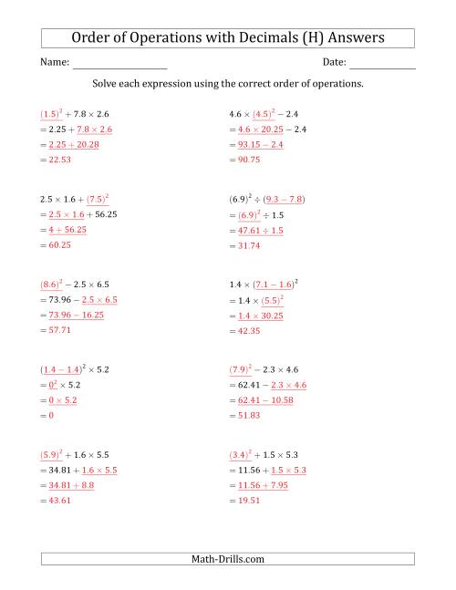 The Order of Operations with Positive Decimals (Three Steps) (H) Math Worksheet Page 2
