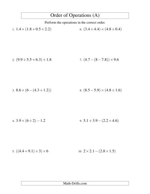 The Decimals Order of Operations -- Three Steps (Old) Math Worksheet
