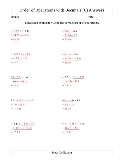 The Order of Operations with Negative and Positive Decimals (Two Steps) (C) Math Worksheet Page 2