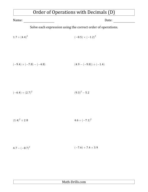 The Order of Operations with Negative and Positive Decimals (Two Steps) (D) Math Worksheet