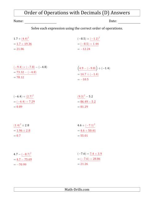 The Order of Operations with Negative and Positive Decimals (Two Steps) (D) Math Worksheet Page 2