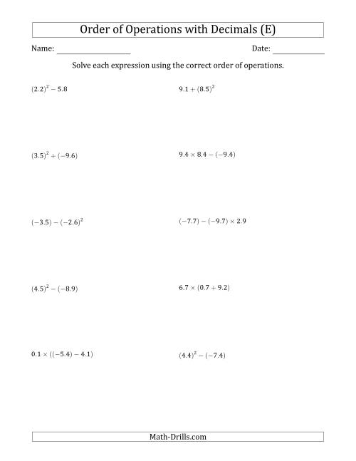 The Order of Operations with Negative and Positive Decimals (Two Steps) (E) Math Worksheet