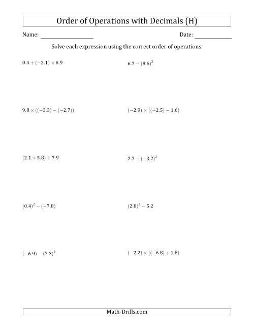 The Order of Operations with Negative and Positive Decimals (Two Steps) (H) Math Worksheet