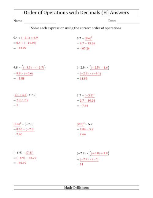The Order of Operations with Negative and Positive Decimals (Two Steps) (H) Math Worksheet Page 2