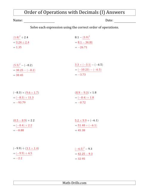 The Order of Operations with Negative and Positive Decimals (Two Steps) (I) Math Worksheet Page 2