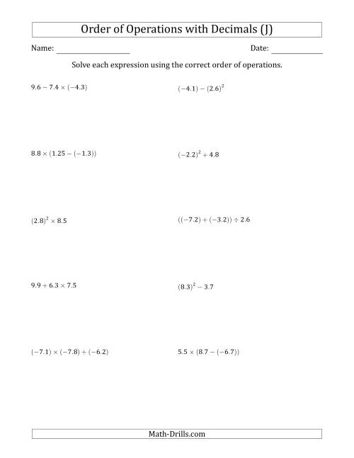 The Order of Operations with Negative and Positive Decimals (Two Steps) (J) Math Worksheet