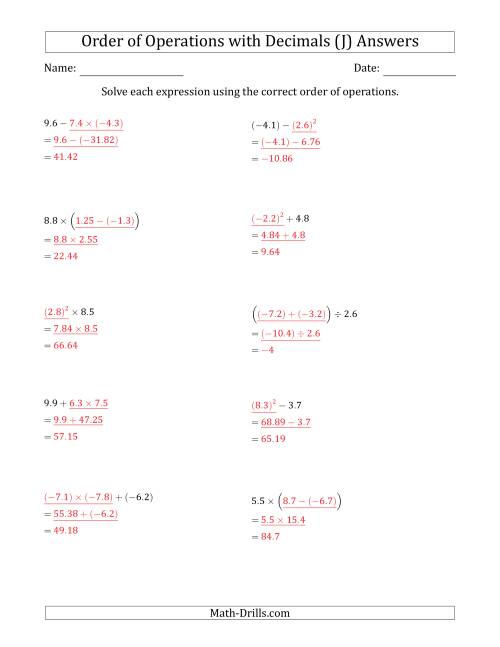 The Order of Operations with Negative and Positive Decimals (Two Steps) (J) Math Worksheet Page 2