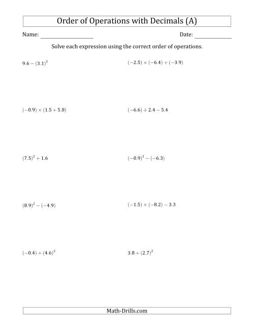 The Order of Operations with Negative and Positive Decimals (Two Steps) (All) Math Worksheet