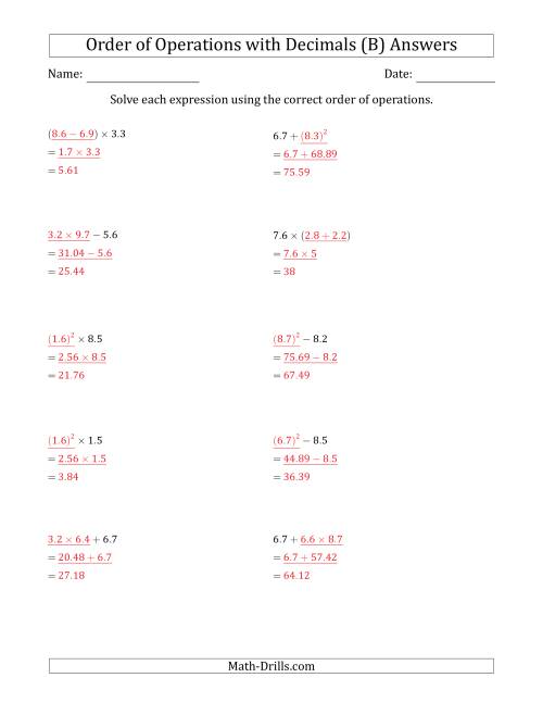 The Order of Operations with Positive Decimals (Two Steps) (B) Math Worksheet Page 2