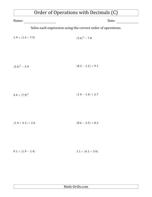 The Order of Operations with Positive Decimals (Two Steps) (C) Math Worksheet